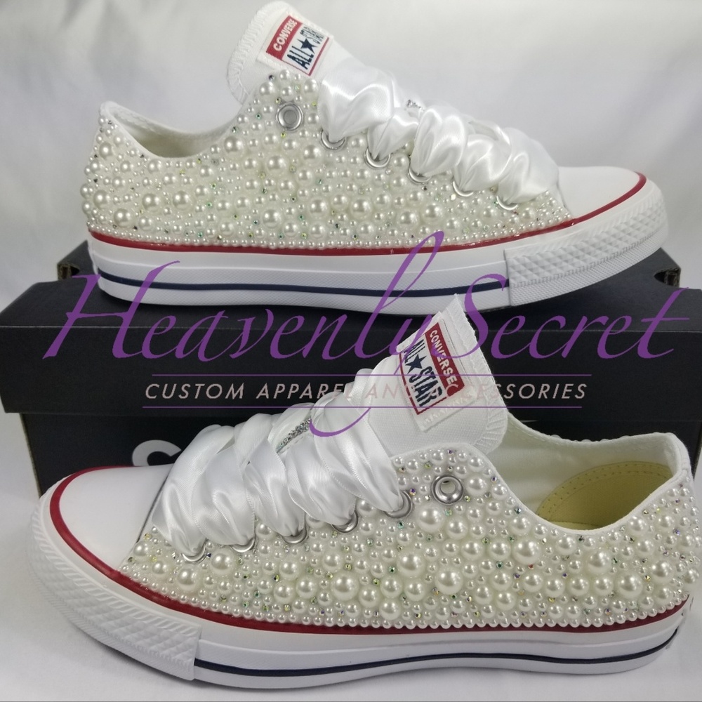 Custom Bridal Blinged White Low Top Converse - Picture 2 of 5